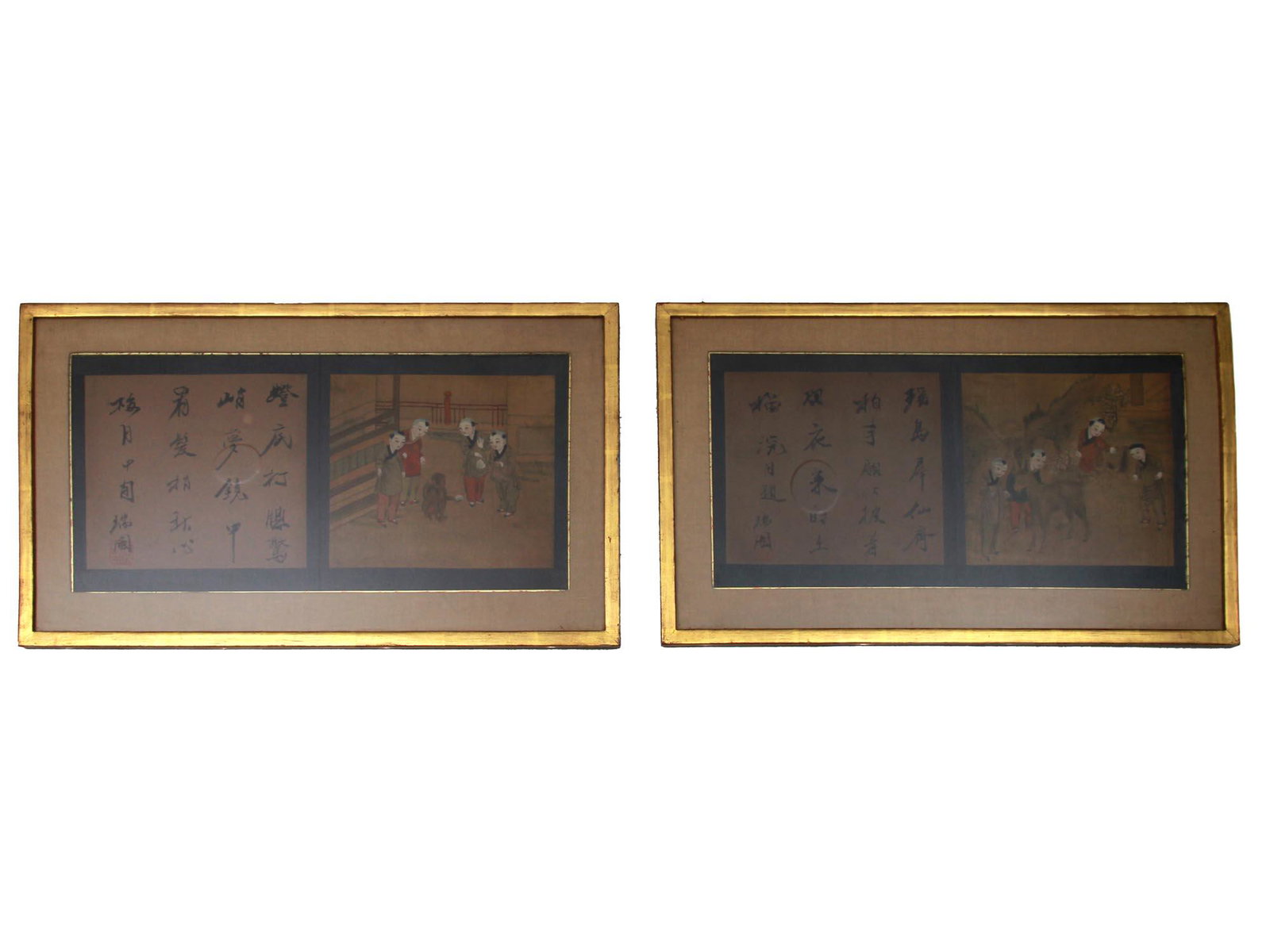 PAIR OF CHINESE WATERCOLOR PAINTINGS BOYS ANIMALS (1 of 9)