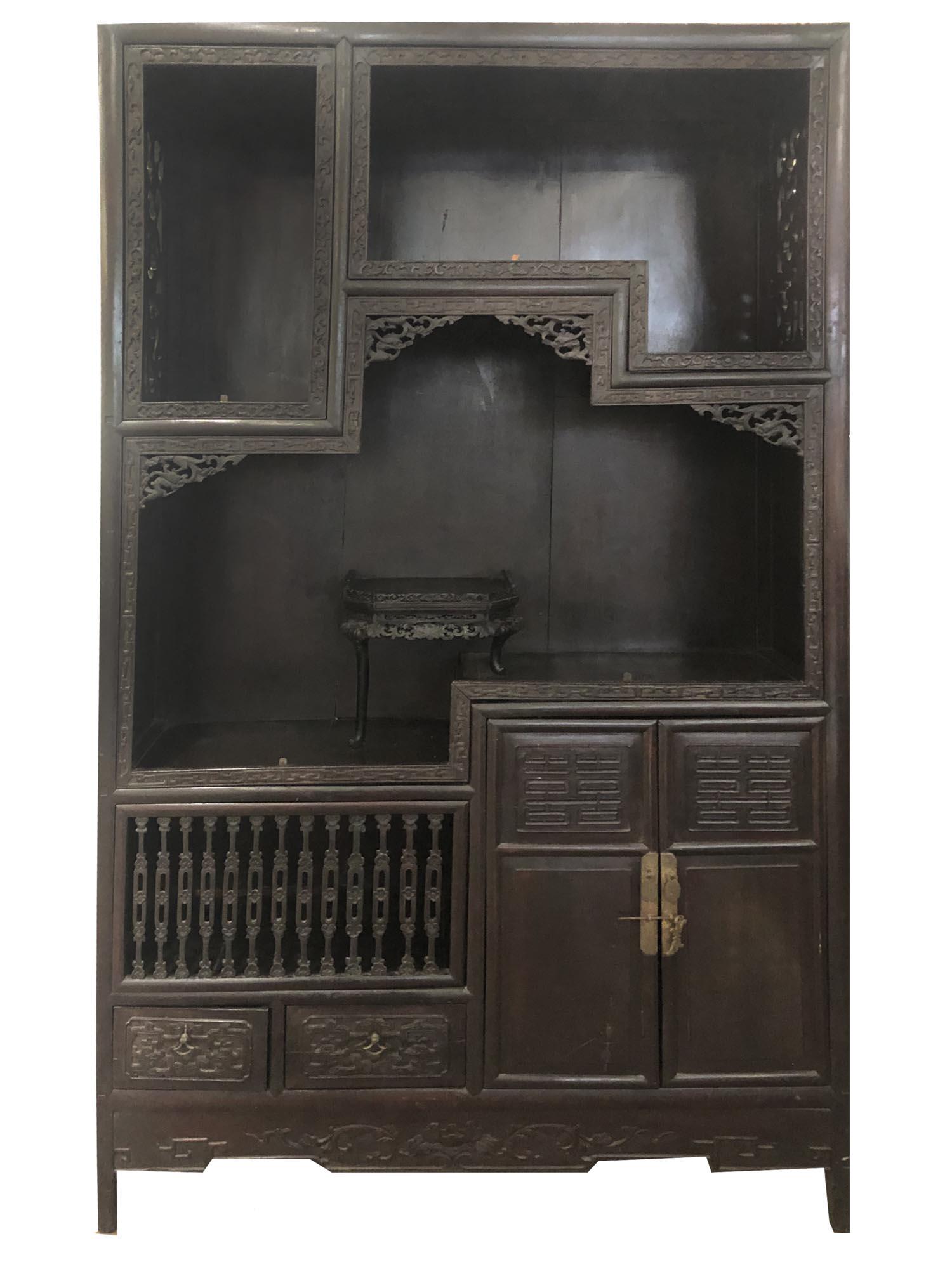 19TH CEN CHINESE HARDWOOD CURVED DISPLAY CABINET (1 of 8)