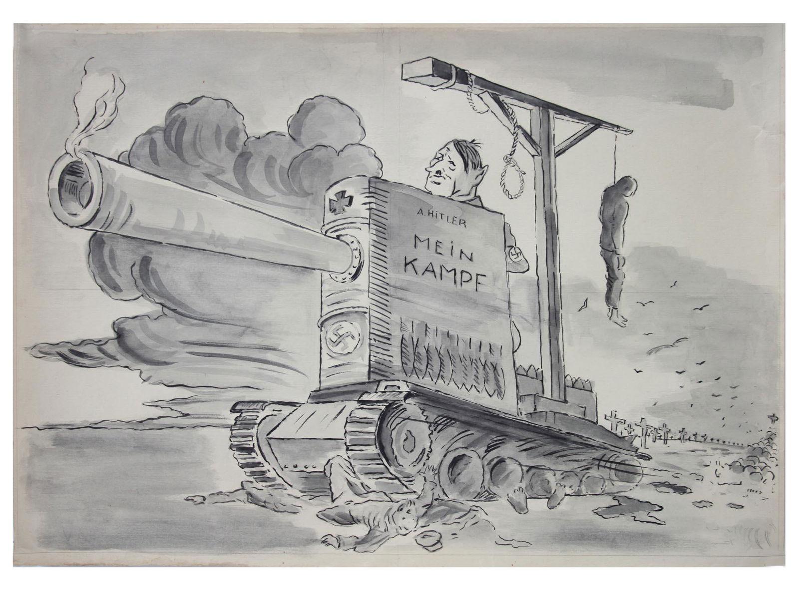 WWII SOVIET CARICATURE PAINTING ATTR TO G RYKLIN: Attributed to Grigoriy Ryklin (Russian, 1894-1975) WWII military ink painting on paper depicting a caricature scene with Adolf Hitler riding in a tank in the form of Mein Kampf book. Unsigned. Dimensi