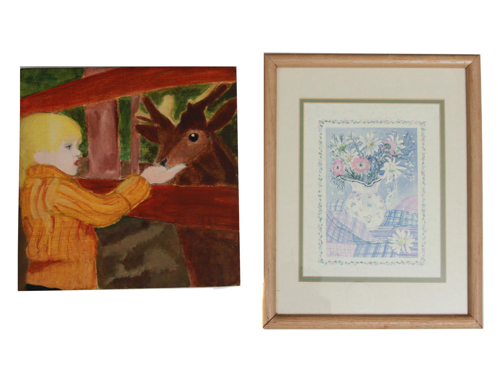 SET TWO MIXED MEDIA PAINTINGS SIGNED CHILD VASE (1 of 5)