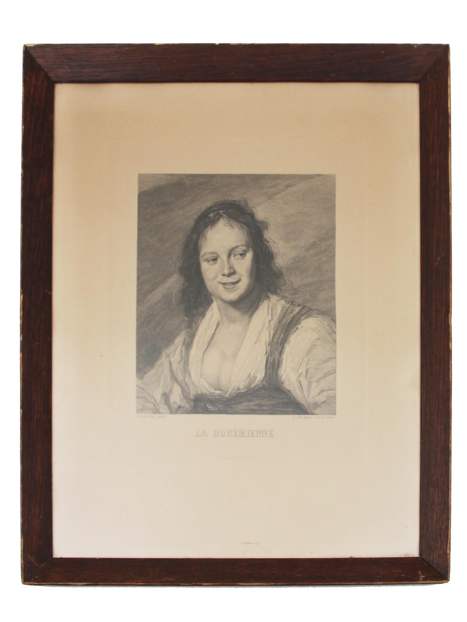 AN AFTER FRANS HALS DUTCH CHALCOGRAPHY DU LOUVRE: An after Frans Hals (Dutch, 1582-1666) chalcography Du Louvre, La Bohemienne, 1900. Titled to the center. Stamped, Chalcographie Du Louvre, lower to the center. Signed in the plate by the engraver and