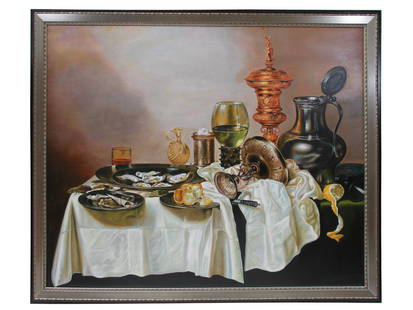 AN OIL ON CANVAS STILL-LIFE AFTER WILLEM C. HEDA: An oil on canvas still-life painting after Willem Claesz Heda (Netherlands, c.1596 - 1680), Still Life with Gilt Cup. Unsigned, framed. Dimensions: Frame size: 35 1/2 x 42 1/2 in.Image size: 31 1/2 x