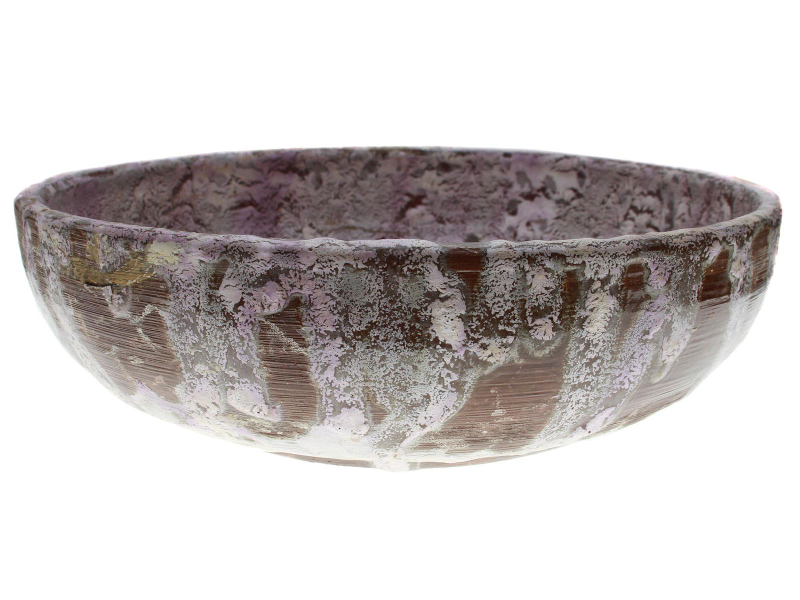 VINTAGE ARTISTIC GLAZED CERAMIC BOWL LEA HALPERN: Lea Halpern (Dutch, American, 1901-1985) artistic brown ceramic bowl covered with glaze in white and purple shades with smudges effect. Signed by the artist, L. Halpern, and numbered, 189, on the bott