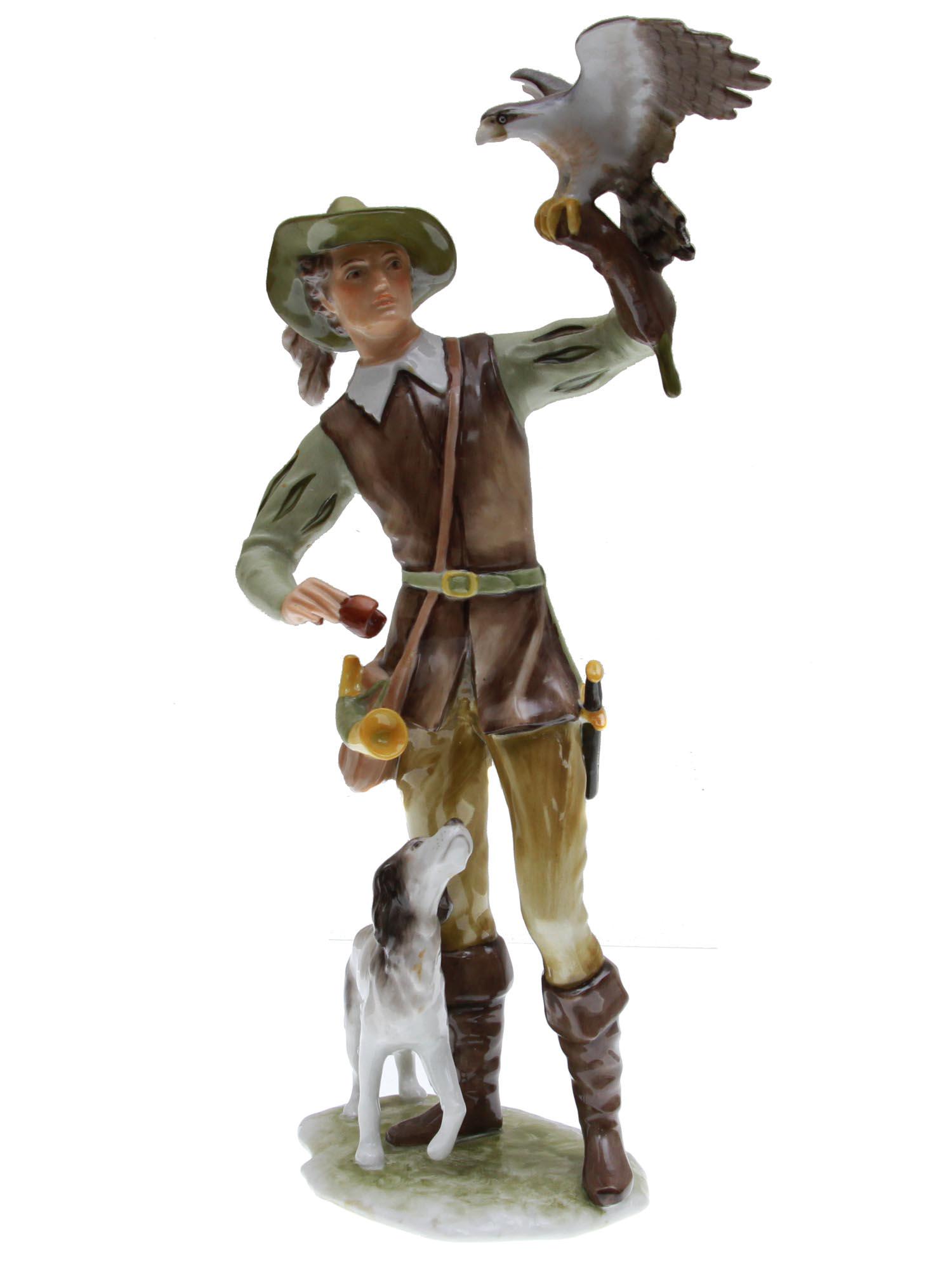 A VINTAGE ALKA KUNST BAVARIAN PORCELAIN FIGURINE: Hand-painted porcelain figurine, made in Bavaria by Alka Kunst and depicting a young falconer with falcon and dog, possibly a character from a German fairy tale. Modelled by G. Bochmann. Marked on the