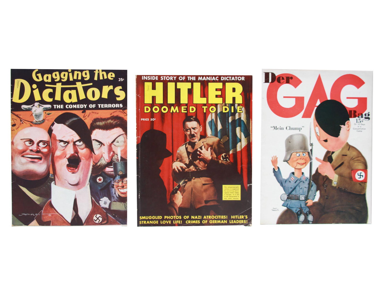 A LOT OF THREE VINTAGE MAGAZINES ABOUT HITLER: The lot includes:1. Gagging the Dictators. The Comedy of Terrors. Published by Ace Magazines, 1938, 50 pages plus covers. Compilation of humorous articles, illustrations, cartoons from around the worl
