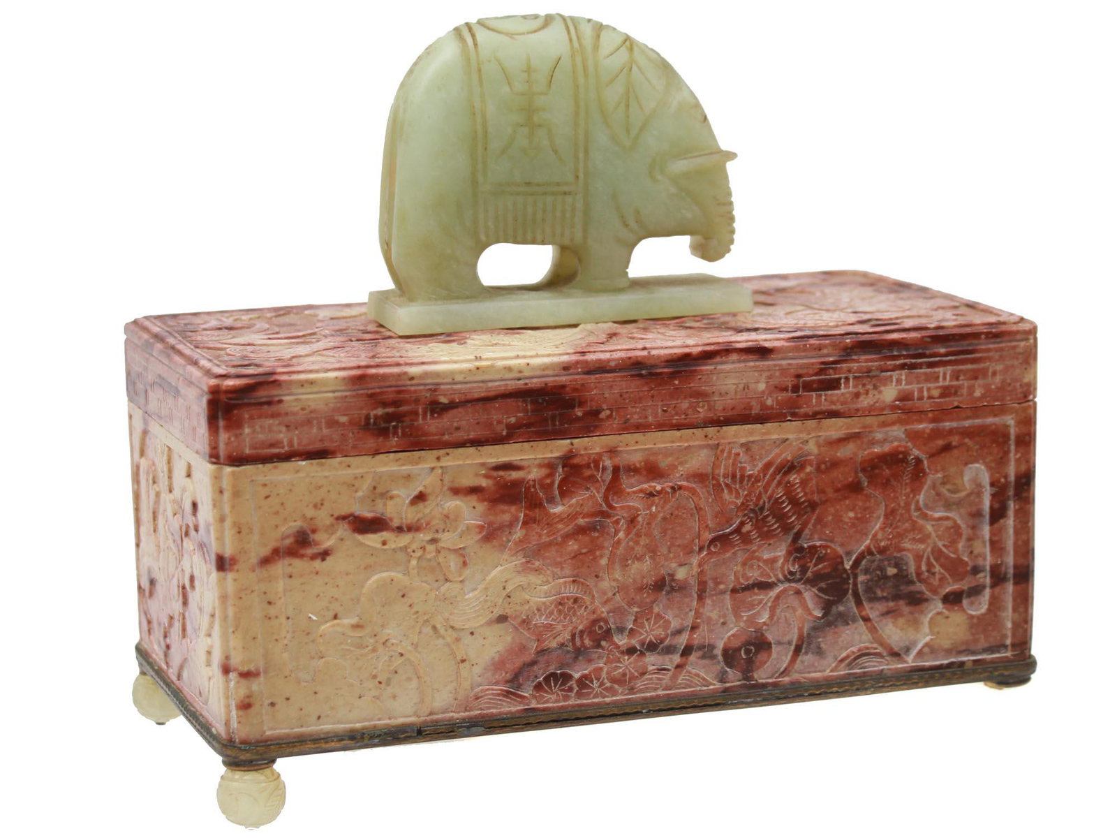 ANTIQUE CHINESE HARD STONE BOX WITH JADE FIGURINE: An antique Chinese hardstone rectangular box with the finely carved design of flowers, birds, and fishes. On the top, there is a beautiful hand-carved jade figure of an elephant. Dimensions: L: 6 3/4 