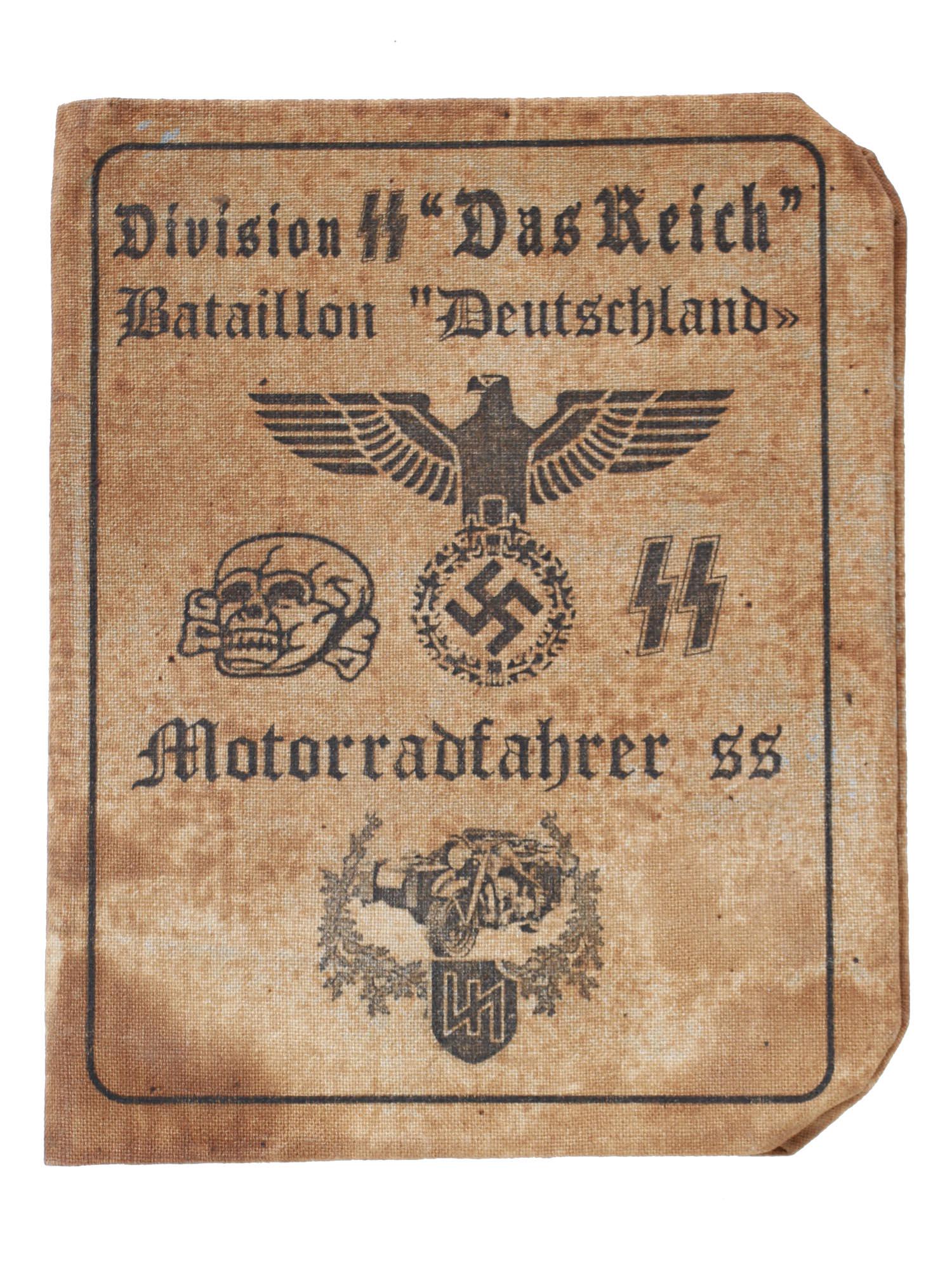 A WWII GERMAN ID AUSWEIS MILITARY BIKER SS WAFFEN: A WWII German Ausweis (Identification Document) of a military biker from the Waffen SS Division Das Reich. The document contains the personal information of a biker, Martin Kartmann, with a photograph