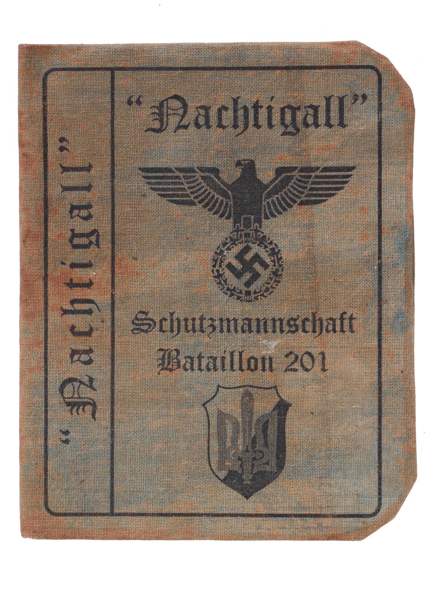 WWII GERMAN ID AUSWEIS OF UKRAINIAN VOLUNTEER SS: A WWII German Ausweis (Identification Document) of a Ukrainian volunteer from the Waffen SS Batallion Nachtigal. The document contains the personal information of a volunteer, Orest Labor, with a phot