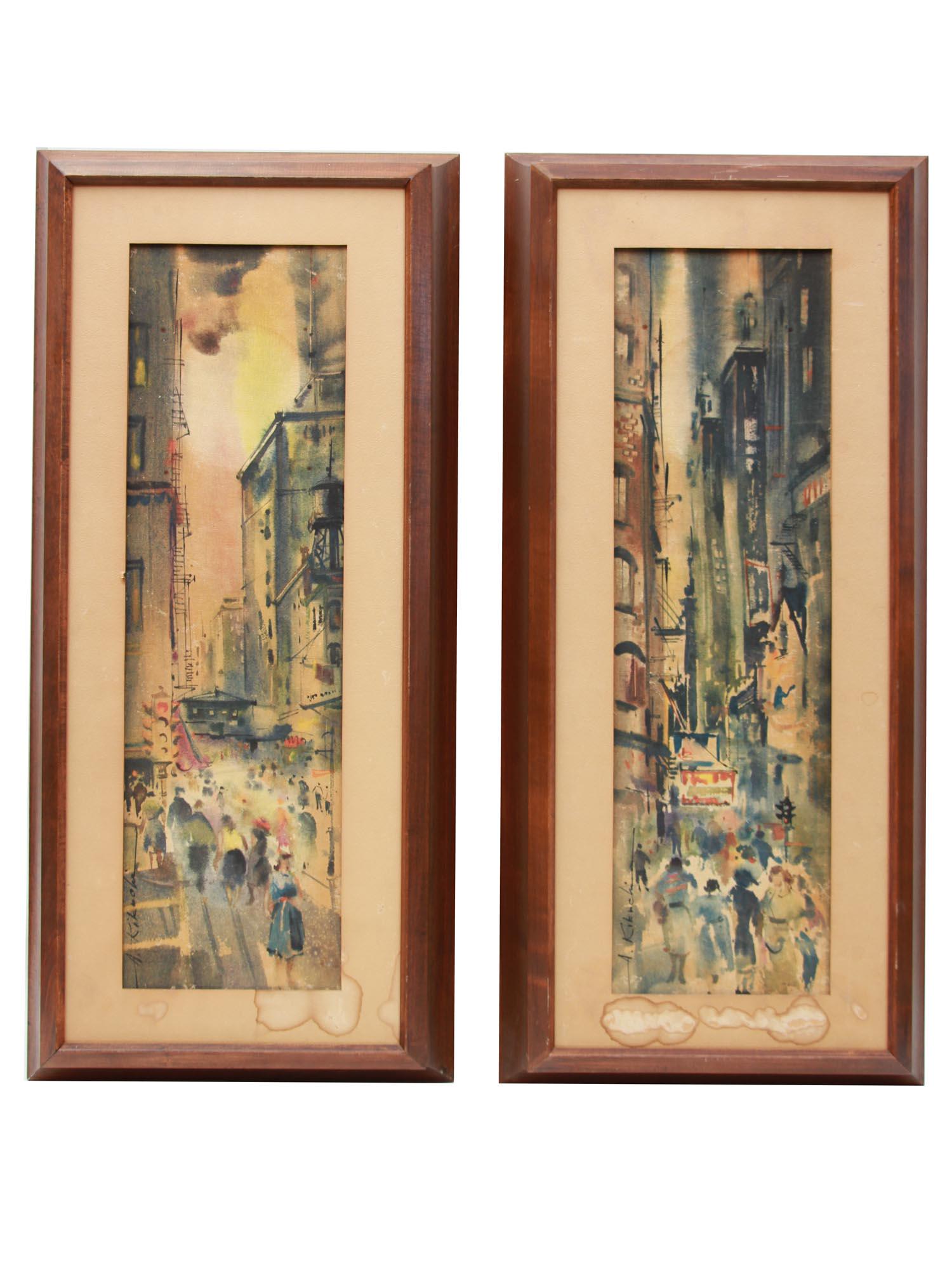 A PAIR OF PAINTINGS BY ATSUSHI KIKUCHI: A lot of two watercolor painting on linen cityscapes by Atsushi Kikuchi (Japanese / American, 1918-2016). Both paintings are signed at the lower left. The works serve as covers to speakers, which are 