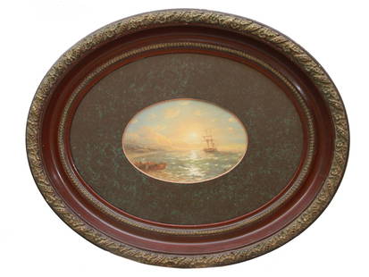 A RUSSIAN MARINE OIL PAINTING BY IVAN AIVAZOVSKY: Ivan Konstantinovich Aivazovsky (Russian, 1817-1900) oval oil painting on board, Marine Scene at Sunrise. Signed with initials lower right. Framed. Ivan Aivazovsky is the most famous Russian marine