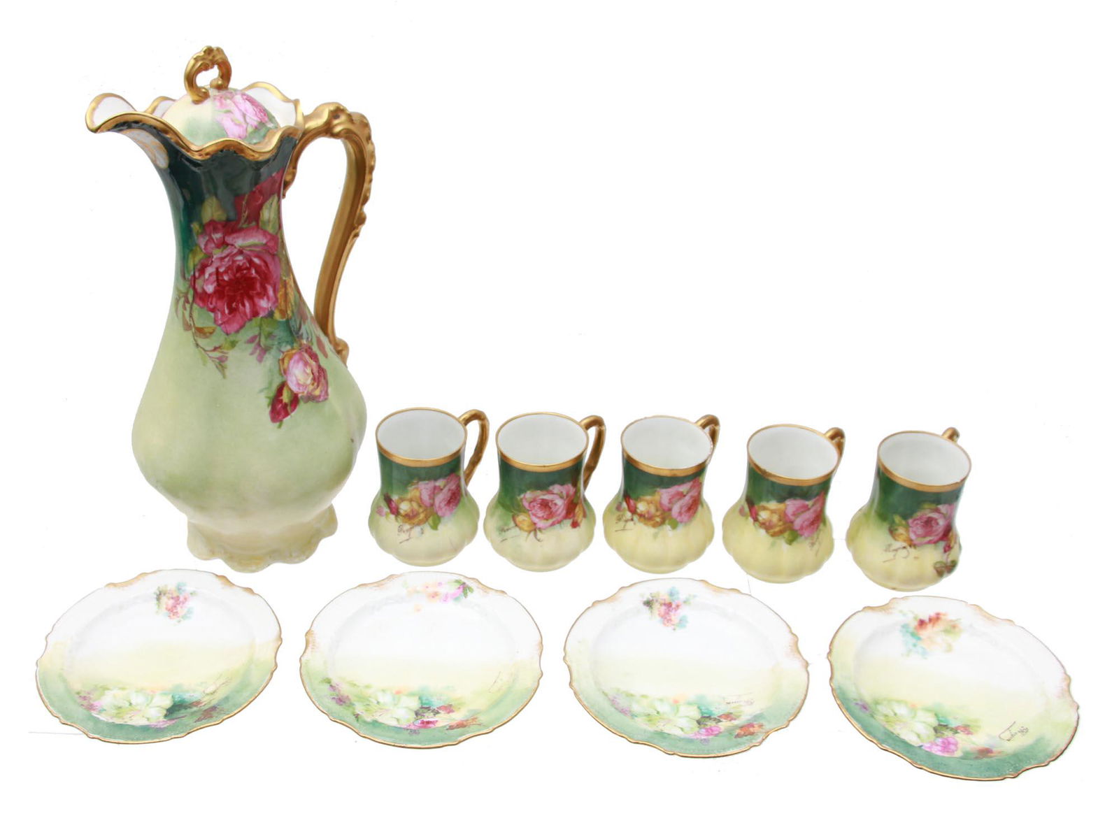A FRENCH LIMOGES PORCELAIN FLORAL CHOCOLATE SET (1 of 14)