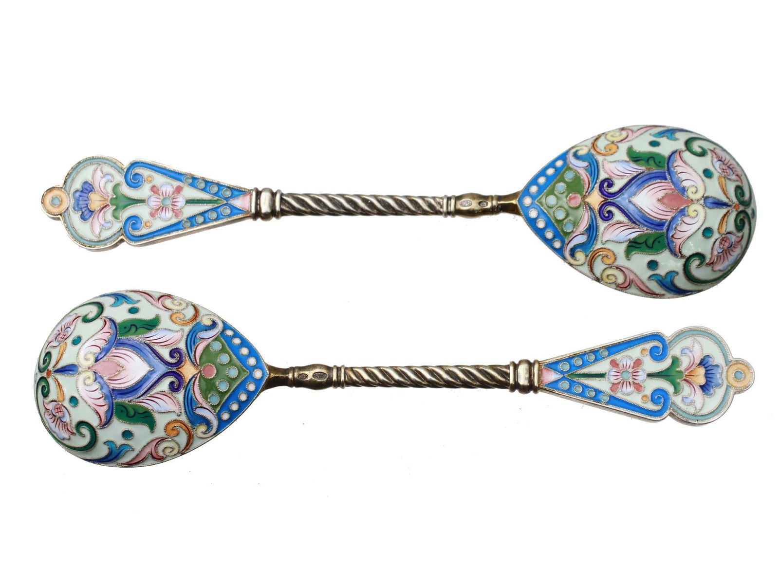 TWO RUSSIAN GILT SILVER & CLOISONNE ENAMEL SPOONS (1 of 5)