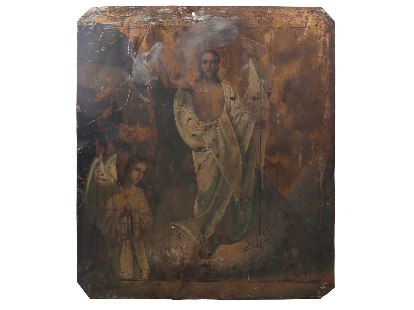 AN ANTIQUE RUSSIAN ORTHODOX ICON ON TIN METAL (1 of 5)