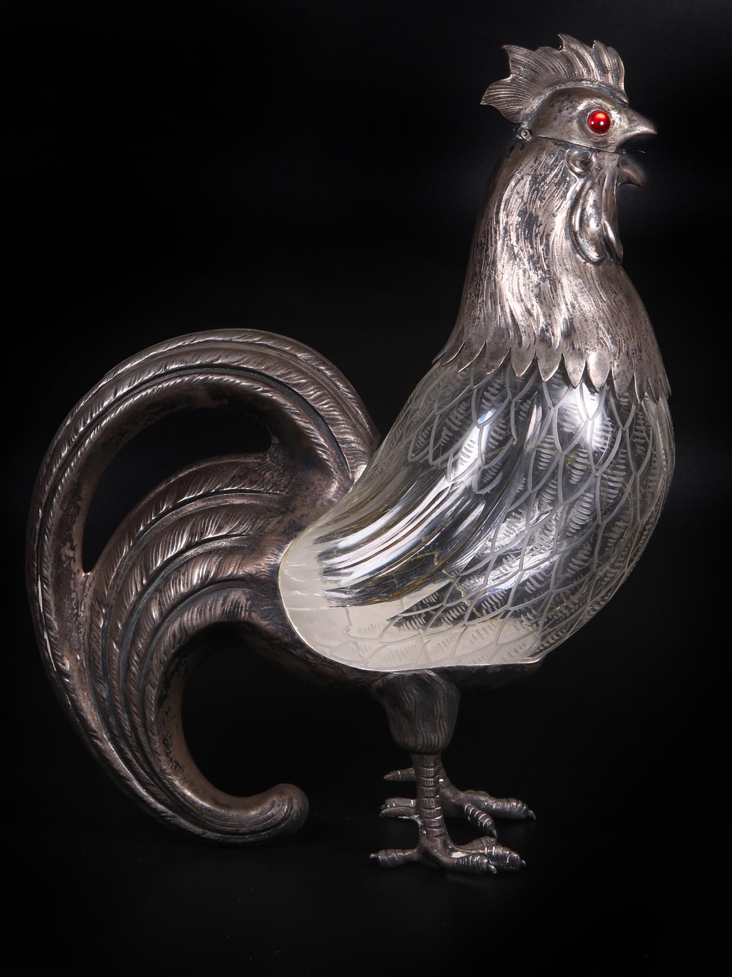A FIGURAL ROOSTER SILVER PLATED & GLASS DECANTER (1 of 7)