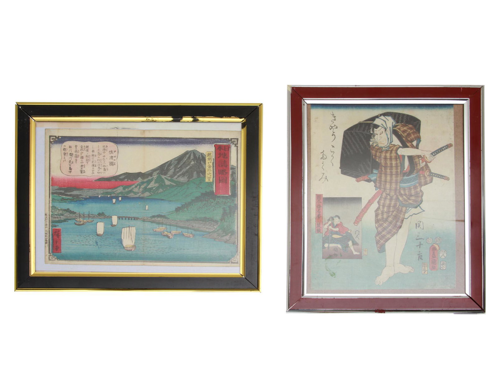 A PAIR OF JAPANESE WOODBLOCK PRINTS 19TH C.: A lot of two original Japanese woodblock prints from the late Edo period. The first print depicting the sea view by Utagawa Hiroshige (Japanese, 1797 â€“ 1858), and the second depicting the noble