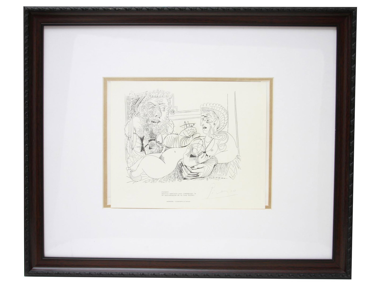 AFTER PICASSO FRENCH LITHOGRAPH SPECIAL EDITION: After Pablo Picasso (French/Spanish, 1881-1973) lithograph on paper depicting an erotic scene, from the special edition to commemorate the 80th anniversary of the Eiffel Tower. Signed in the plate upp