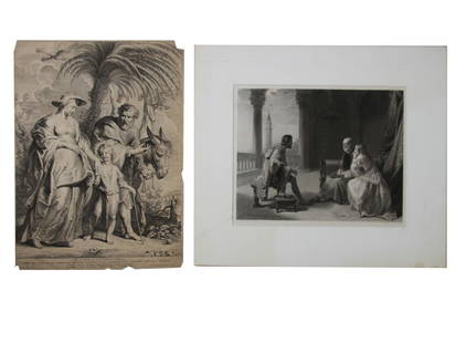 PAIR OF ENGRAVINGS AFTER RUBENS AND COWPER: After Peter Paul Rubens (Dutch, 1577-1640) engraving on paper, The Return of the Holy Family from Egypt, 1620. Engraver: Lucas Vorsterman the Elder. Title in the plate lower to the center. Signed in t