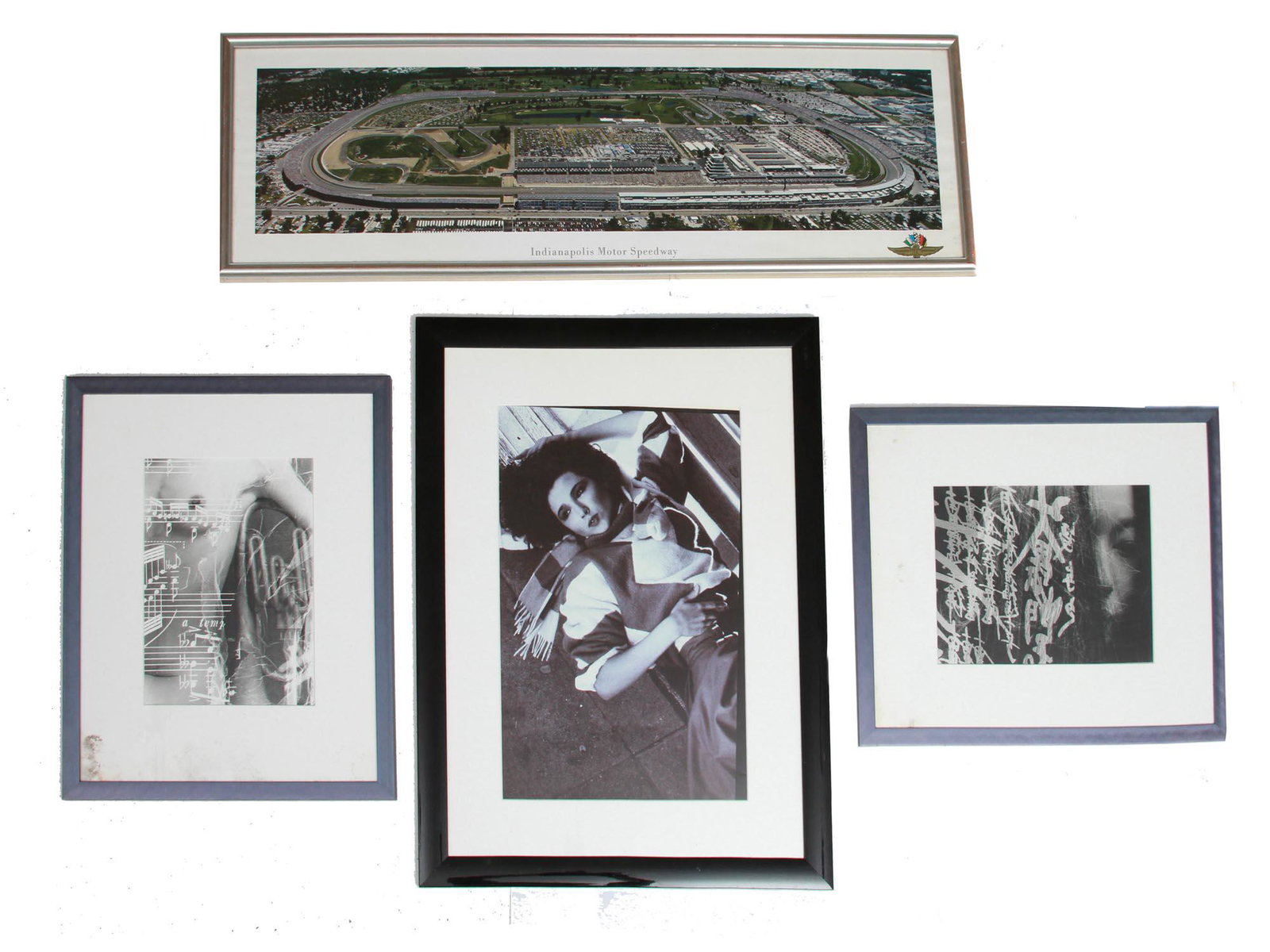 SET OF FOUR VINTAGE PHOTOGRAPHS MODEL RACE MUSIC: A set of four vintage photographs in different sizes. The first black and white photo depicting a lying model in retro clothes. The second black and white photo depicting a part of a nude woman's body