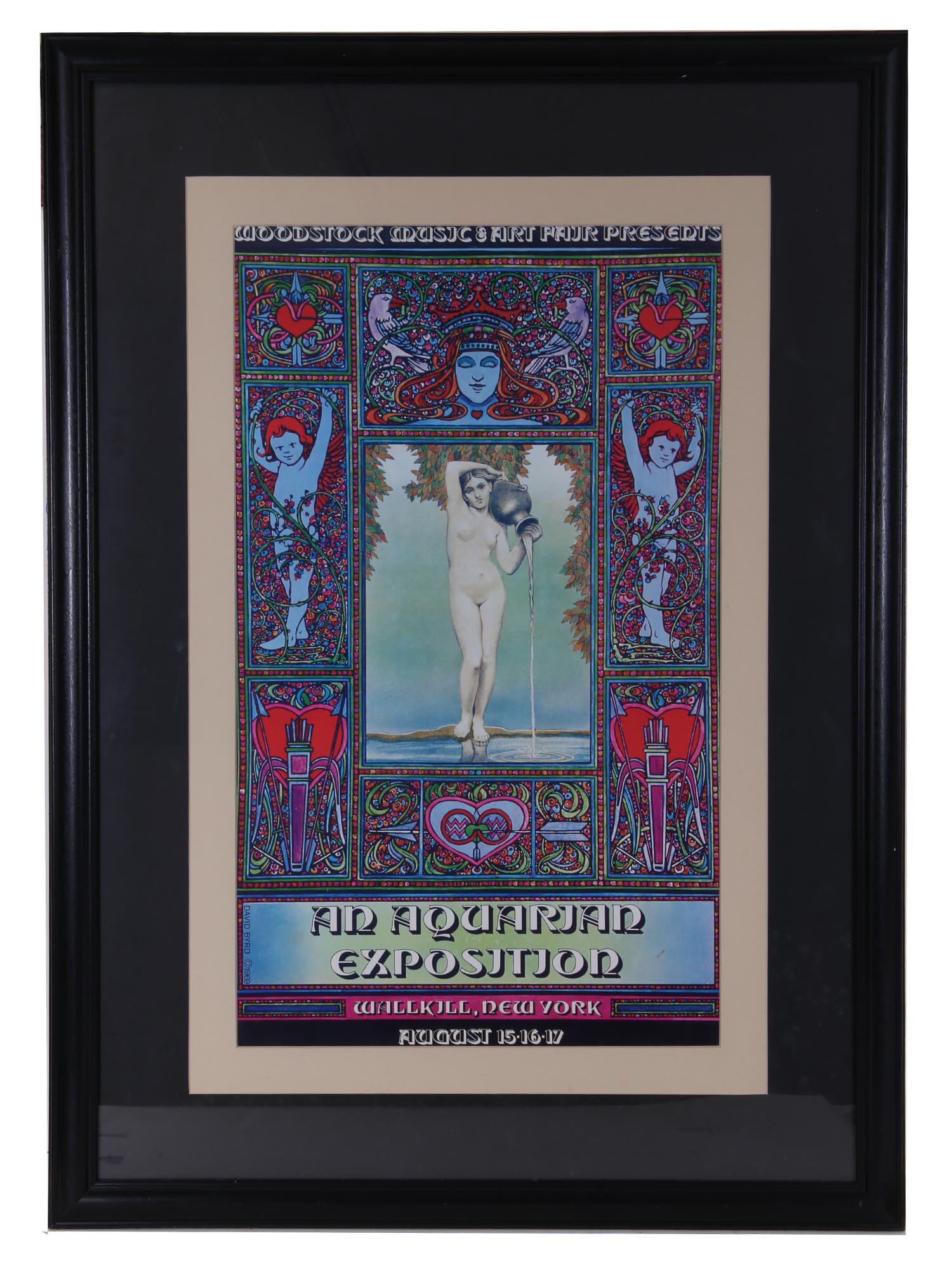 ORIGINAL WOODSTOCK POSTER OF AQUARIAN EXPOSITION: An original Woodstock Music And Art Fair poster for Aquarian Exposition, 1969. Designed by David Byrd (1926-2013). Byrd developed this poster, blending West Coast psychedelic aesthetics with a classic
