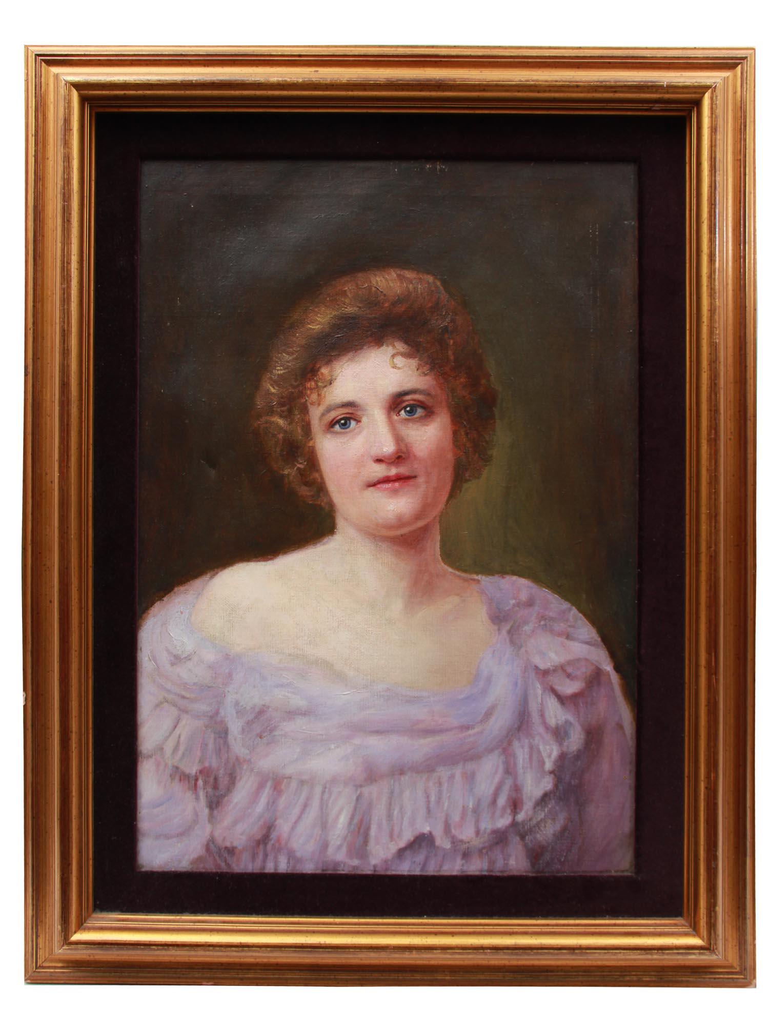 A 19TH CENTURY OIL PAINTING PORTRAIT OF A LADY: A 19th-century oil painting on canvas depicting a portrait of blue eyes lady in a pink dress with ruffles. Framed. Unsigned. Dimensions: Frame size: 26 x 20 in.Image size: 19 1/2 x 13 1/2 in.