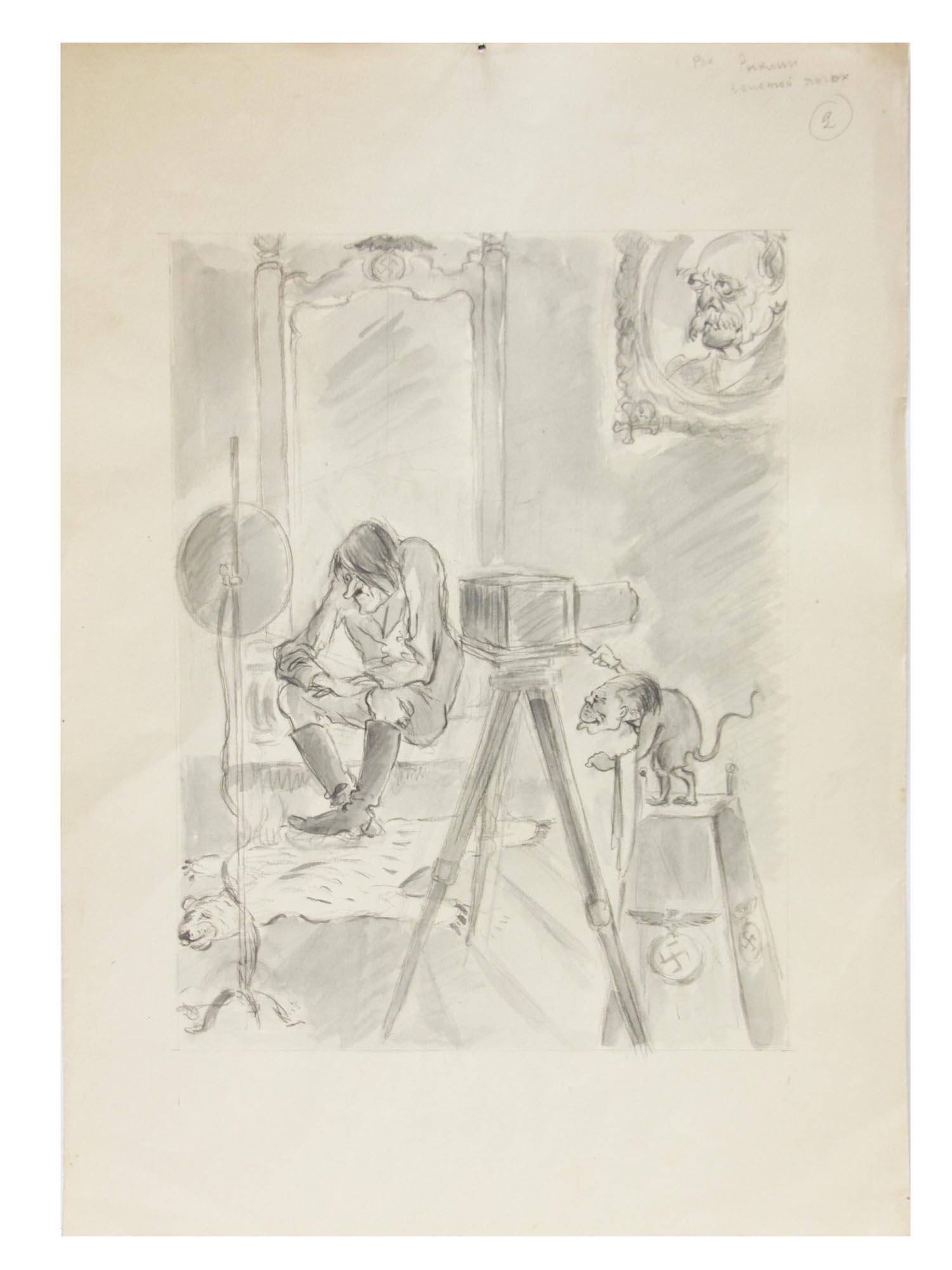 WWII ARMENIAN SOVIET ILLUSTRATION PAINTING: Ink drawing on paper, depicting in a cartoon style Adolf Hitler being photographed by a creature with a tail. Signed at the top right in Russian: Ryklin (?). On the back is dated 1944 and signed in Ar