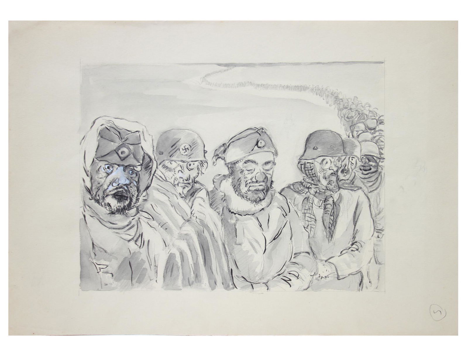 WWII ARMENIAN SOVIET ILLUSTRATION PAINTING: A WWII Armenian Soviet illustration ink painting on paper depicting a military scene with four portraits of soldiers with crippled faces in the foreground and a long line behind them. Numbered in penc