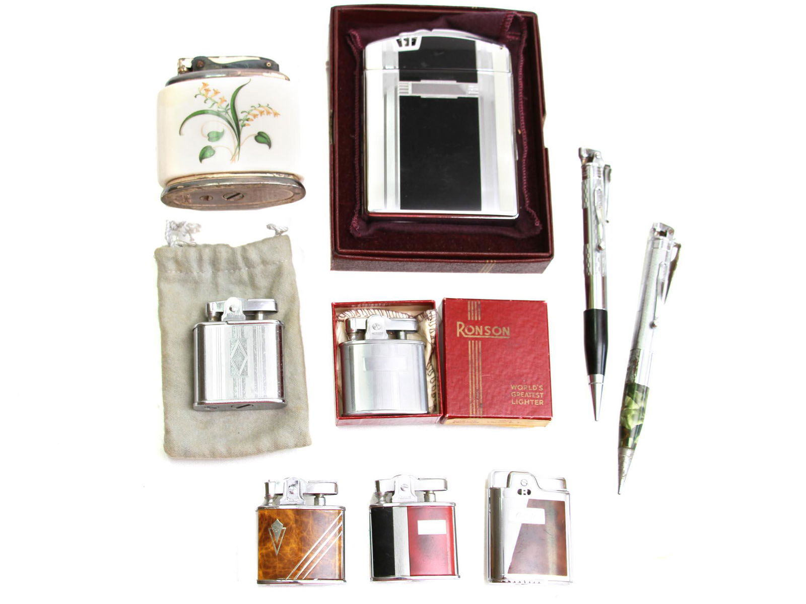 A LOT OF SEVEN VINTAGE RONSON LIGHTERS & TWO PENS (1 of 11)