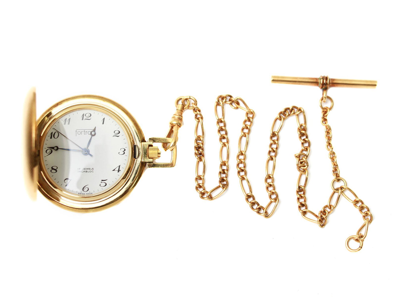 VINTAGE ART DECO FORTRON GOLD FILLED POCKET WATCH: A vintage Art Deco style Fortron gold filled and 17 jewels incabloc covered pocket watch. Swiss made. Marked on a white enamel dial with black handles and numerals. The cover is decorated with embossi