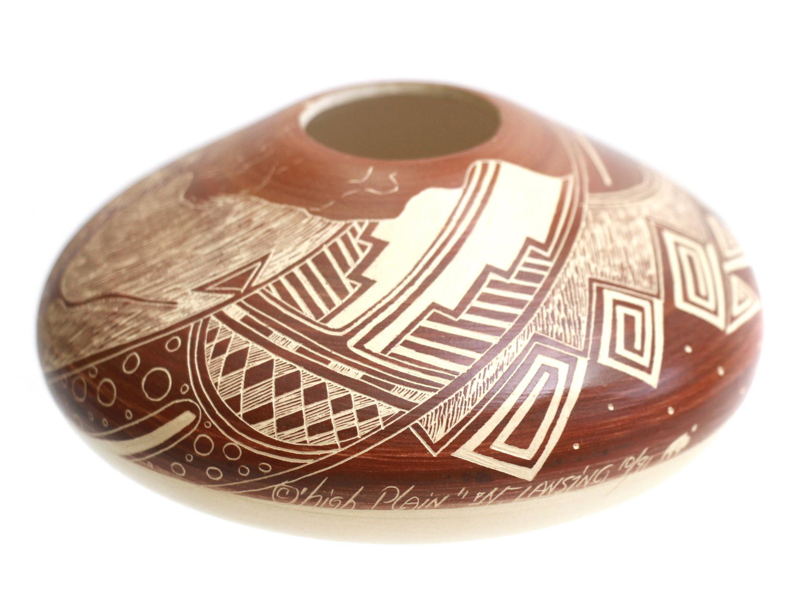 NAVAJO COLLECTION POTTERY VASE BY NORMAN LANSING: The late 20th-century Navajo collection artistic pottery vase by Norman Lansing (20th/21st century, Ute). The exterior of the vase is adorned with a traditional geometric and floral pattern. Signed, m