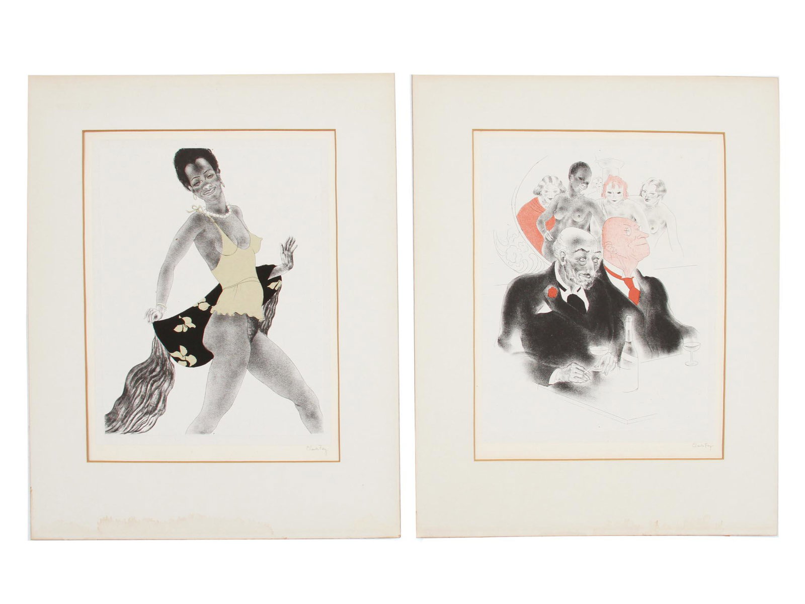 TWO ANTIQUE EROTIC COLOR LITHOGRAPHS BY CLARK FAY: Clark Fay (American, 1894-1956) pair of erotic lithographs with color pochoir on paper depicting erotic scenes. Signed lower right. Circa 1935. Dimensions: Mat size: 16 x 13 1/4 in. Image size: 10 1/2
