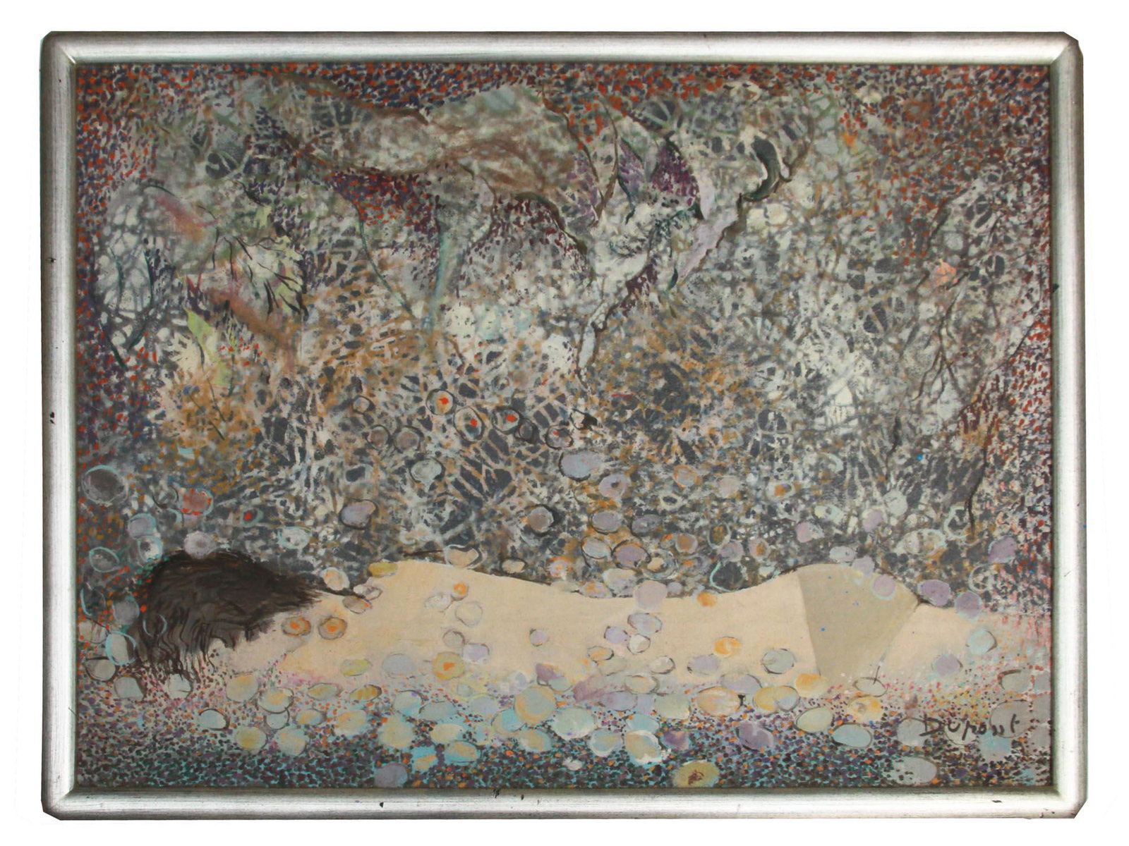 A FRENCH OIL PAINTING ON CANVAS BY JACQUES DUPONT: Jacques Dupont (French, 1909-1978) oil painting on canvas depicting an abstract scene with a lying nude figure under the leaves. Signed lower right. Framed. Dimensions: Frame size: 22 1/2 x 30 in. Pic