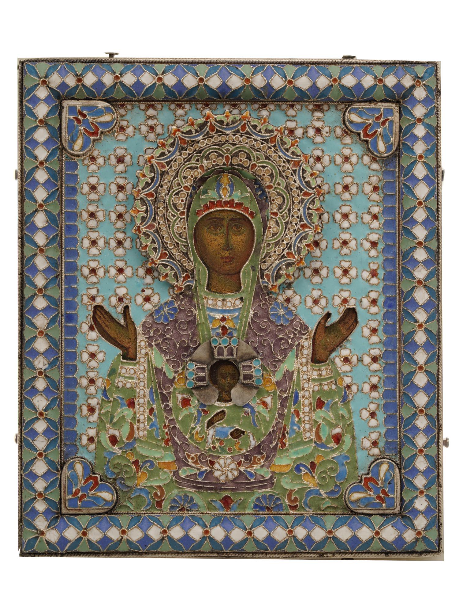 A RUSSIAN SILVER AND ENAMEL ICON OF MOTHER OF GOD (1 of 3)