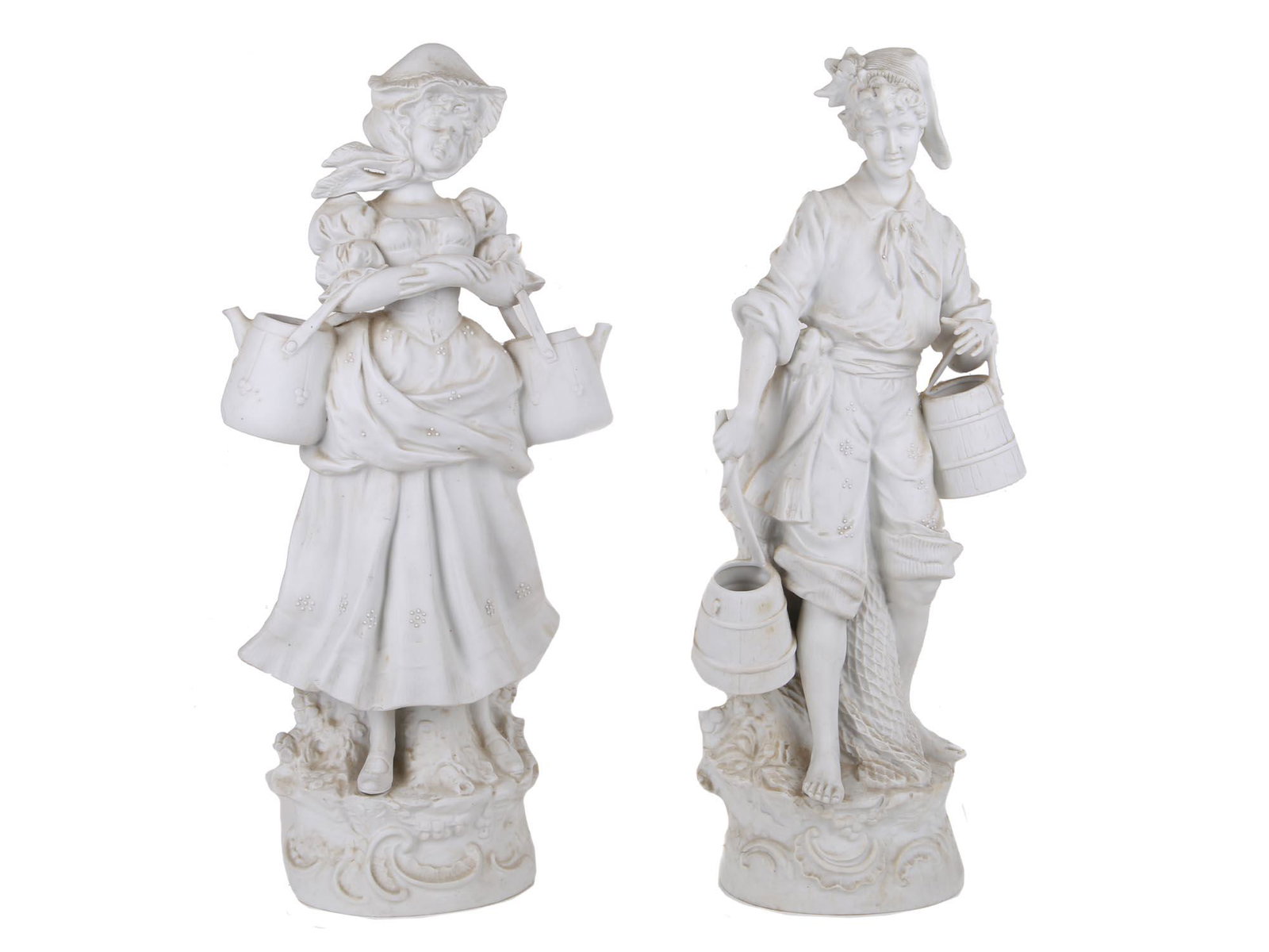 PAIR OF SEVRES STYLE BUSCUIT PORCELAIN FIGURINES: A Large Skilfully Crafted Biscuit Porcelain Pair Figurine On Separate Stands Depicts A Young Rococo Style Couple Holding Jugs. The Composition Is Made In The Style Of The French Sevres Manufactory. On