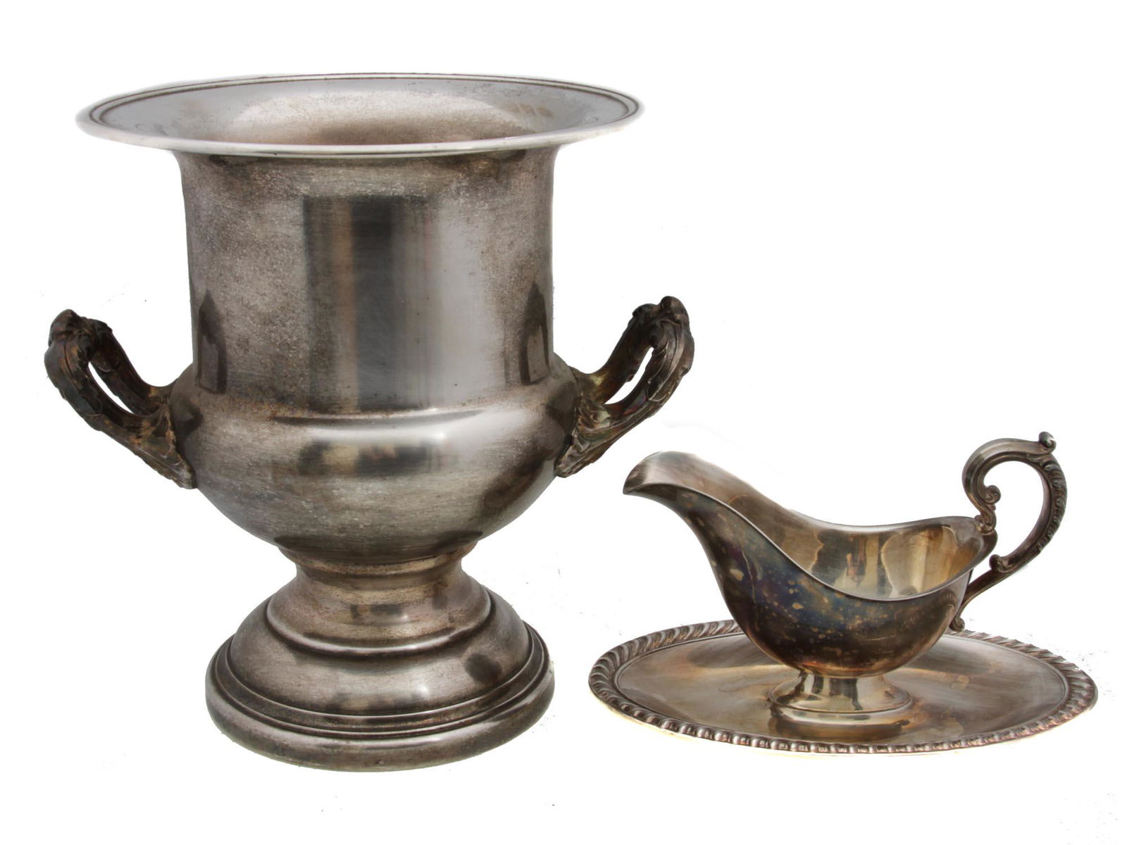 A CUPRONICKEL CHAMPAGNE ICE BUCKET AND GRAVY BOAT (1 of 3)