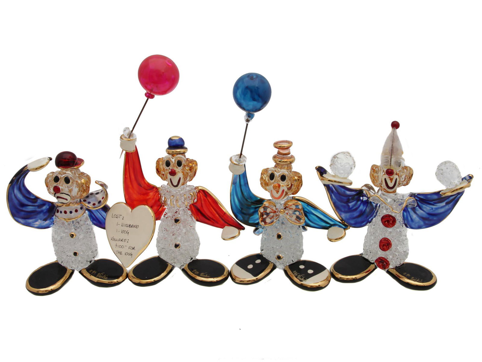 A SET OF 4 GLASS CLOWNS FIGURINES SIGNED VICKIE: The lot includes 4 vintage collectible art glass clowns figurines. Each figurine is hand-signed: Vickie and numbered on the boot.The figurines are very bright, some details are emphasized with gilding