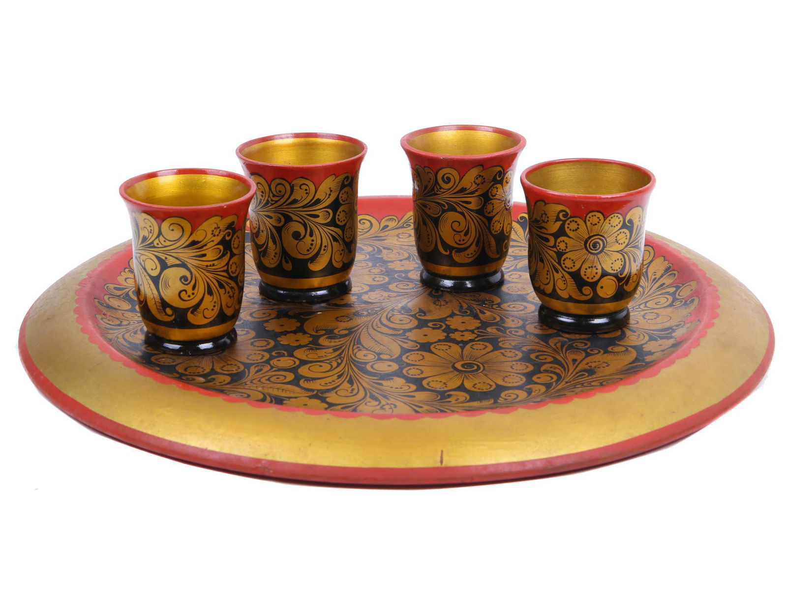 A VINTAGE KHOKHLOMA FOLK RUSSIAN DRINK SET (1 of 5)