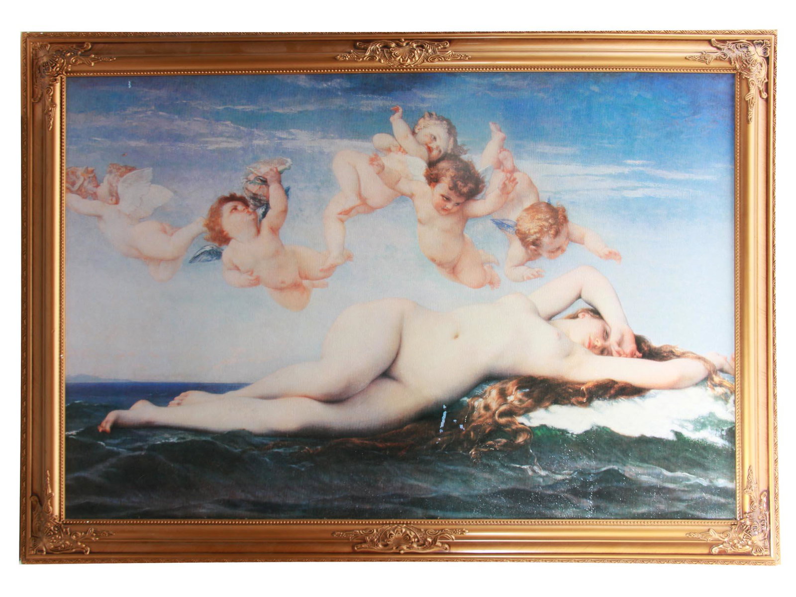 AFTER CABANEL PRINT ON BOARD THE BIRTH OF VENUS: A print on board, The Birth of Venus, after Alexandre Cabanel (French, 1823-1889) original oil painting on canvas, 1863. Unsigned. Framed. Dimensions: Frame Size: 40 1/2 x 28 1/2 in.Image Size: 35 1/2
