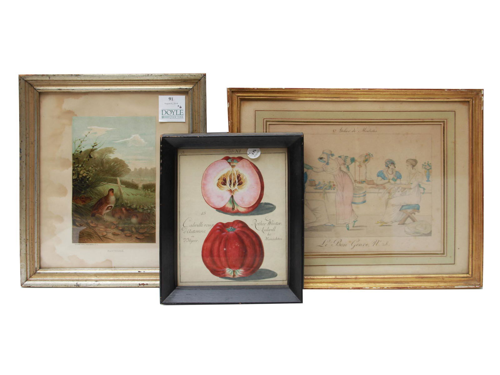 A LOT OF THREE ANTIQUE FRAMED LITHOGRAPHS: The lot includes:1. A hand-colored lithograph titled PARTRIDGE, after J. G. Keulemans. Published by Selwar Hess, New York. With a Doyle auction house label (Aug. 6 2014);2. After Johann Prokop Mayer (