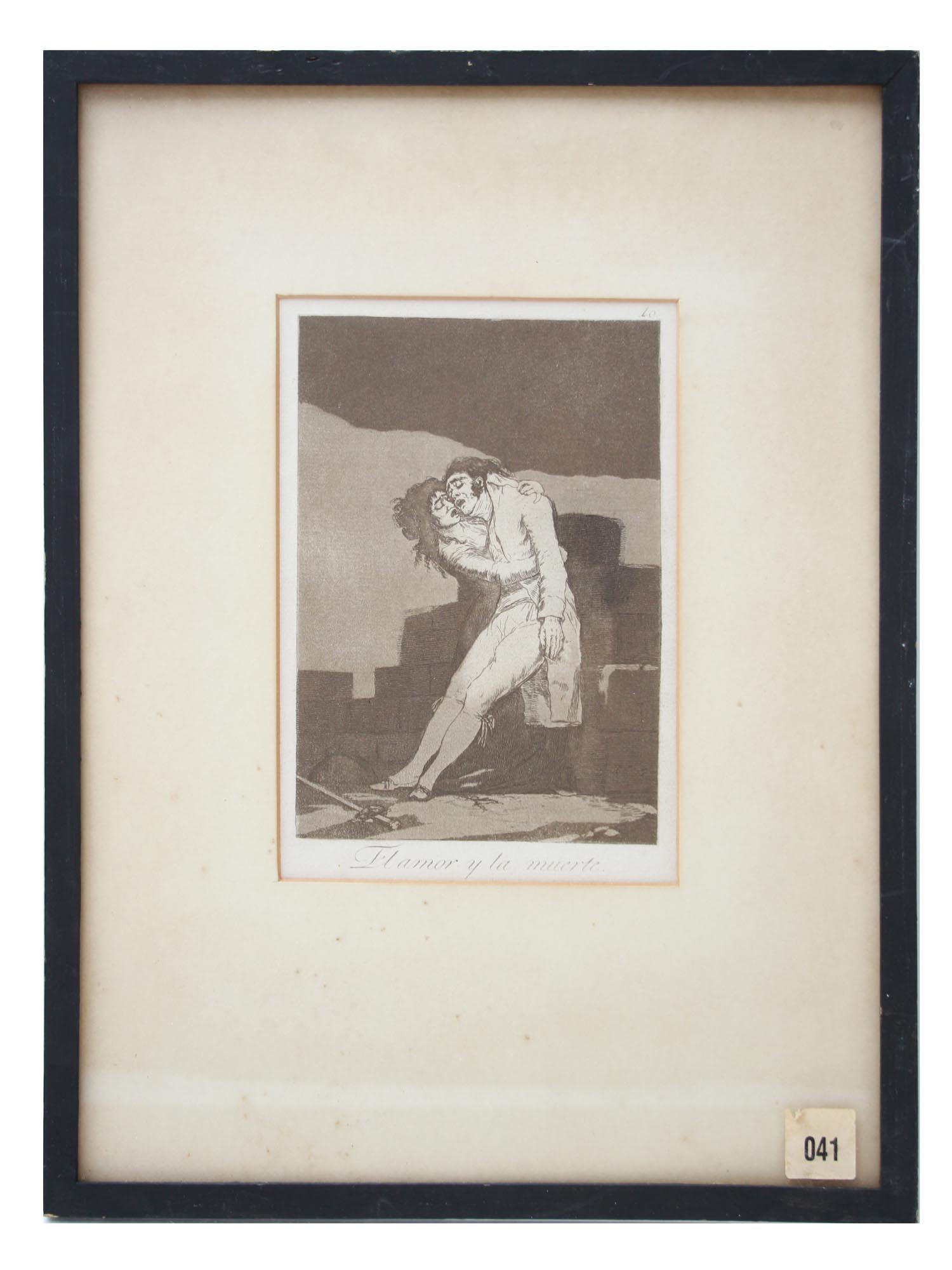 SPANISH ETCHING EL AMOR BY FRANCISCO DE GOYA: Francisco de Goya (Spanish, 1746-1828) etching and aquatint, El Amor y la Muerte (Love and Death), from Los Caprichos, plate 10. Circa 1799. Titled in plate lower to the center. Framed. The auction la