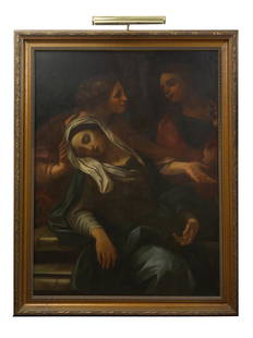 AFTER GIUSEPPE CHIARI OIL PAINTING OF THE VIRGIN: After Giuseppe Bartolomeo Chiari (Italian, 1654-1724) oil painting on canvas, The Swoon of The Virgin between Saint John and Mary Magdalene. Framed. Circa: 19th century. Giuseppe Bartolomeo Chiari