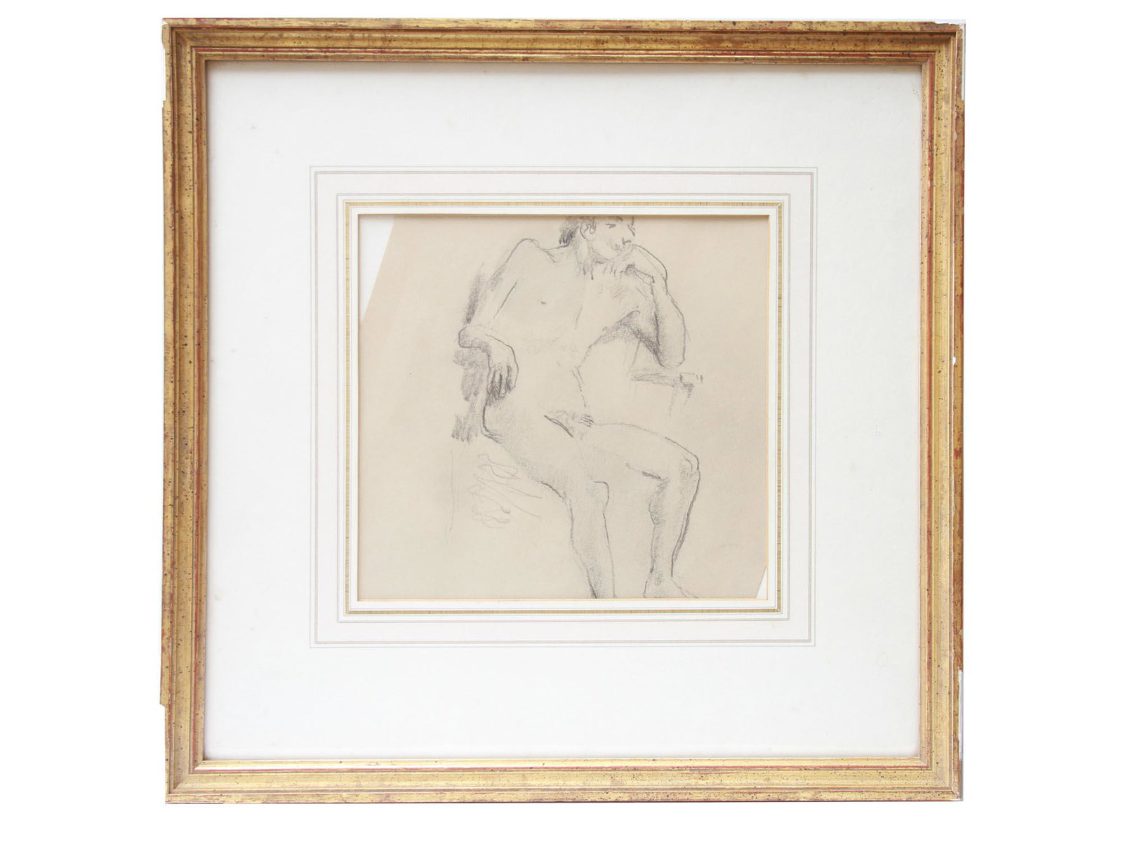 VINTAGE PENCIL PAINTING OF NUDE MALE FIGURE: Vintage pencil painting on paper depicting a nude male figure sitting on a chair. Framed. Dimensions: Frame size: 14 1/4 X 14 1/2 in.Image size: 7 1/2 X 7 1/2 in.