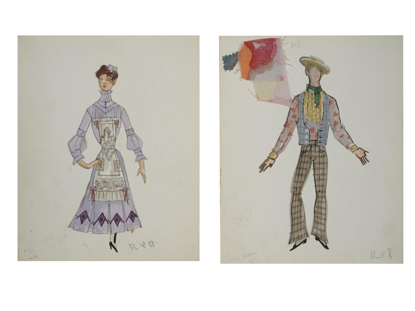 TWO ORIGINAL THEATRE COSTUME DESIGN PAINTINGS: Two original theater costume design watercolor and pencil painting featuring a female and male folk American characters. Singed lower left by the artist. Dimensions: 14 3/8" x 11 1/2" inAll measuremen