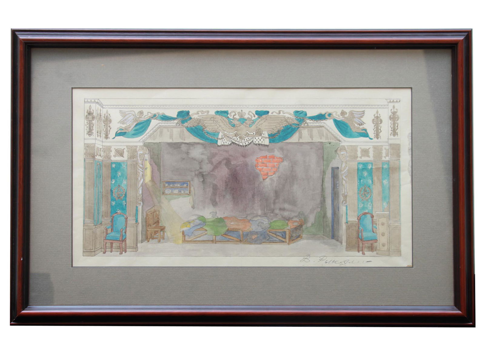 A RUSSIAN WATERCOLOR PAINTING BY VADIM RYNDIN: Vadim Fedorovich Ryndin (Russian, 1902-1974) watercolor painting, Scenery Sketch. Signed lower right. Titled and inscribed on verso. Framed. Ryndin is a Soviet, Russian theater artist-painter, teacher