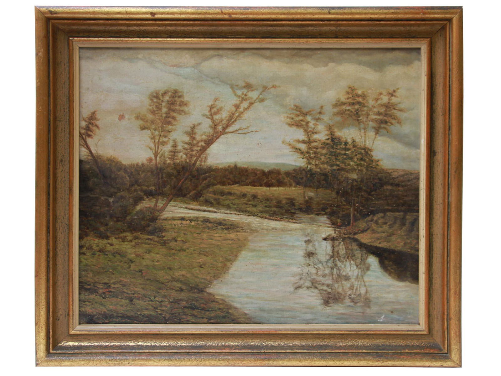 AN OIL PAINTING OF A RIVER AND WOODS EARLY 20TH C (1 of 8)