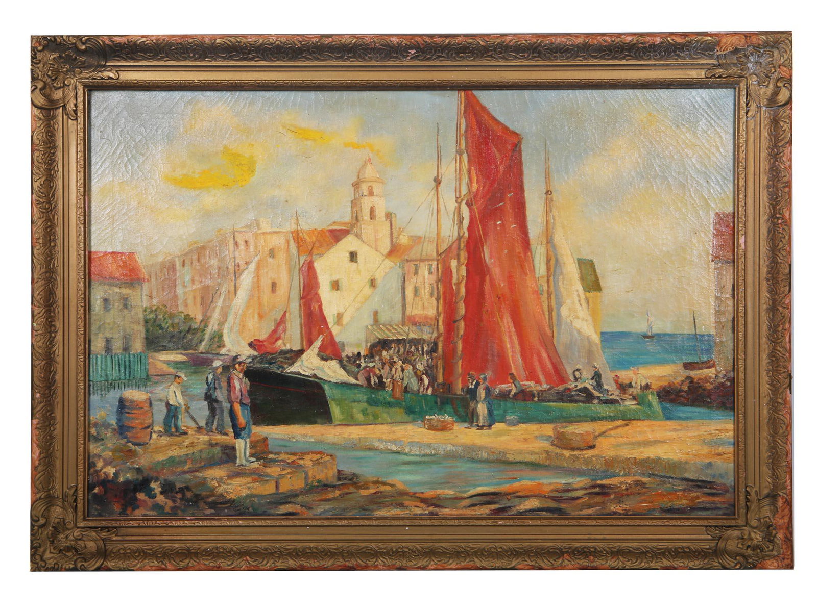 VINTAGE MARINE OIL PAINTING OF NAUTICAL CITY PORT (1 of 6)