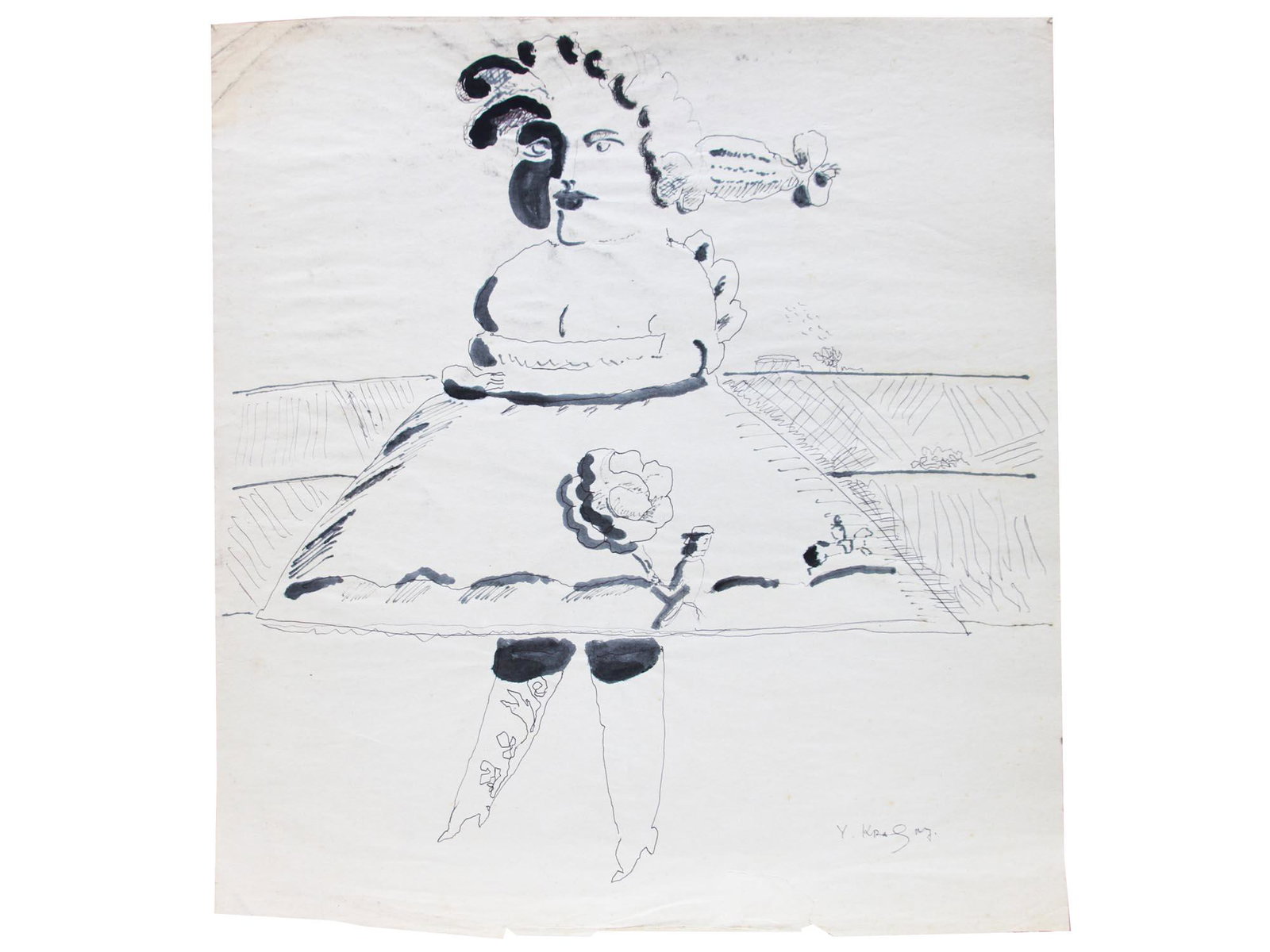 RUSSIAN INK PAINTING FEMALE FIGURE BY YURI KRASNY: Yuri Mikhailovich Krasny (Russian, 1925-2005) ink painting on paper depicting a female figure dressed in a fluffy skirt with painted composition on it. Signed lower right. Krasny, a painter, graphic a