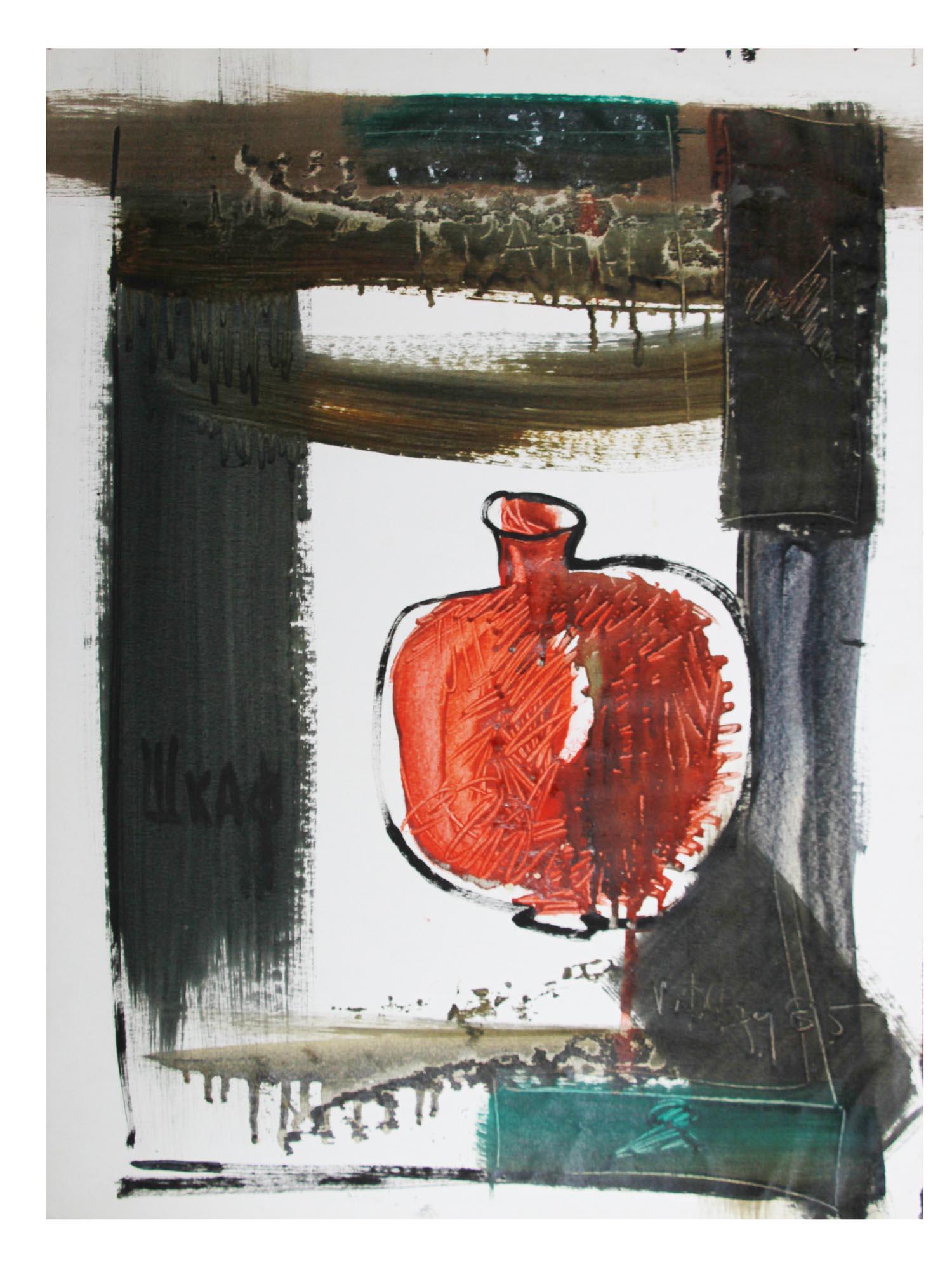 A RUSSIAN MIXED MEDIA PAINTING BY VITALY DLUGY: Vitaly Dlugy (Russian, 1934-1990) mixed media painting on paper, Pomegranate and Cabinet, 1985. Signed and dated lower right. Titled upper and lower to the center. Dlugy, a Soviet graphic artist, pain