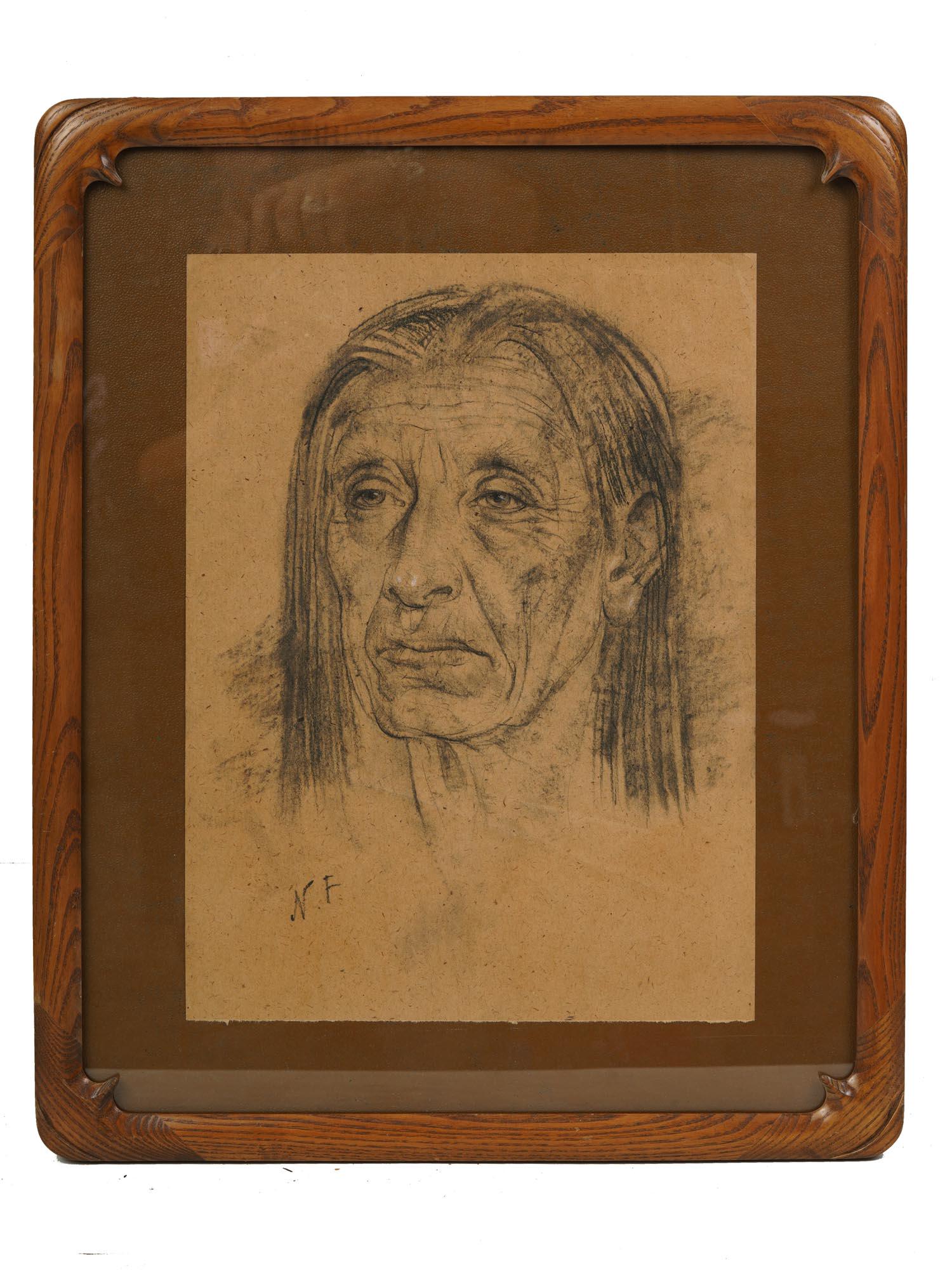 A RUSSIAN CHARCOAL PAINTING BY NICOLAI FECHIN: Nicolai Ivanovich Fechin (Russian, American, 1881-1955) charcoal painting on textured paper depicting a portrait of an elderly person. Signed with initials lower left. Framed. Nikolai Fechin, an artis