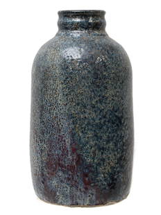 A VINTAGE LEA HALPERN HOLLAND CERAMIC VASE: Lea Halpern (Dutch, 1899-1985) elongated vase with a narrow neck. Covered with a variegated glaze of bluish-violet shades. Signed L. Halpern and numbered 340 on the base. Dimensions: H: 8 1/4 in.