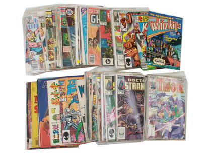A LOT OF 59 MARVEL, DC AND OTHER COMIC BOOKS: A huge lot of vintage collectible comic books graphic novels by Marvel, DC, and others. Included: Doctor Strange, Mighty Thor, Tandy Computer Whiz Kids, and others. Dimensions: 10 x 6 1/2 in.